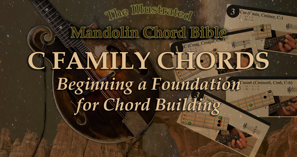 A dark collage of images including Bill Monroe's mandolin, text says c family chords