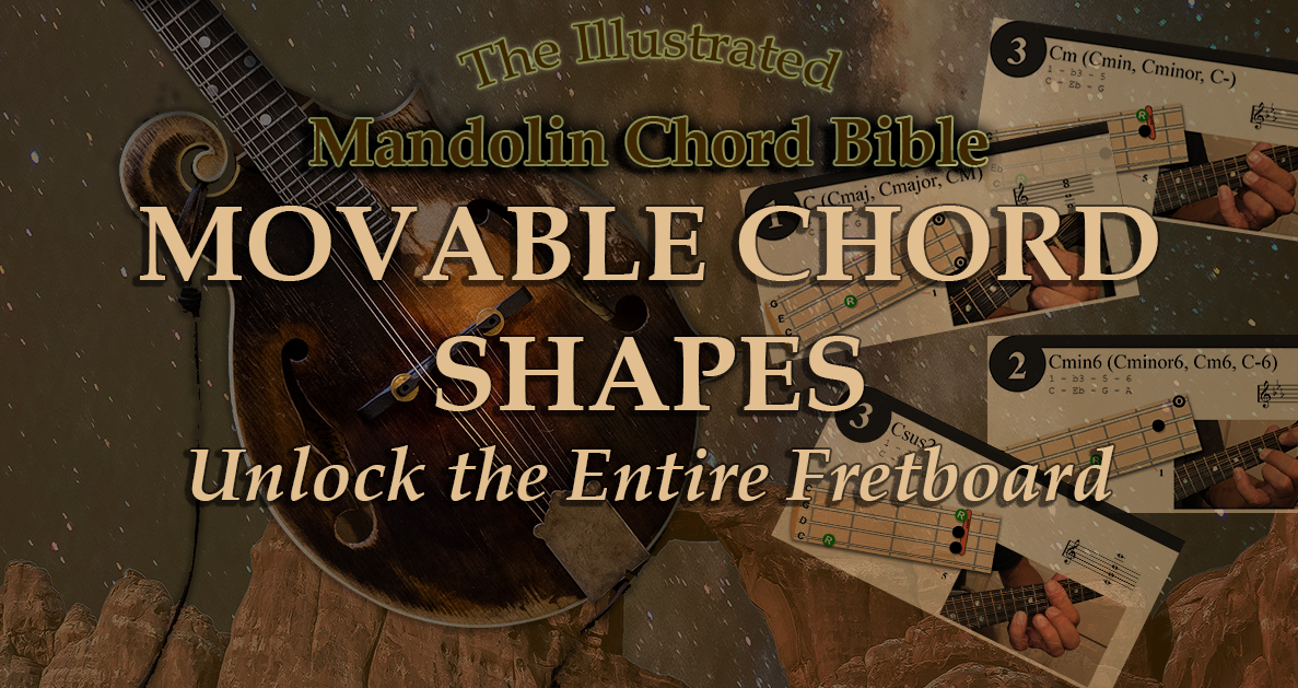 A dark collage of images including Bill Monroe's mandolin, text says movable chord shapes