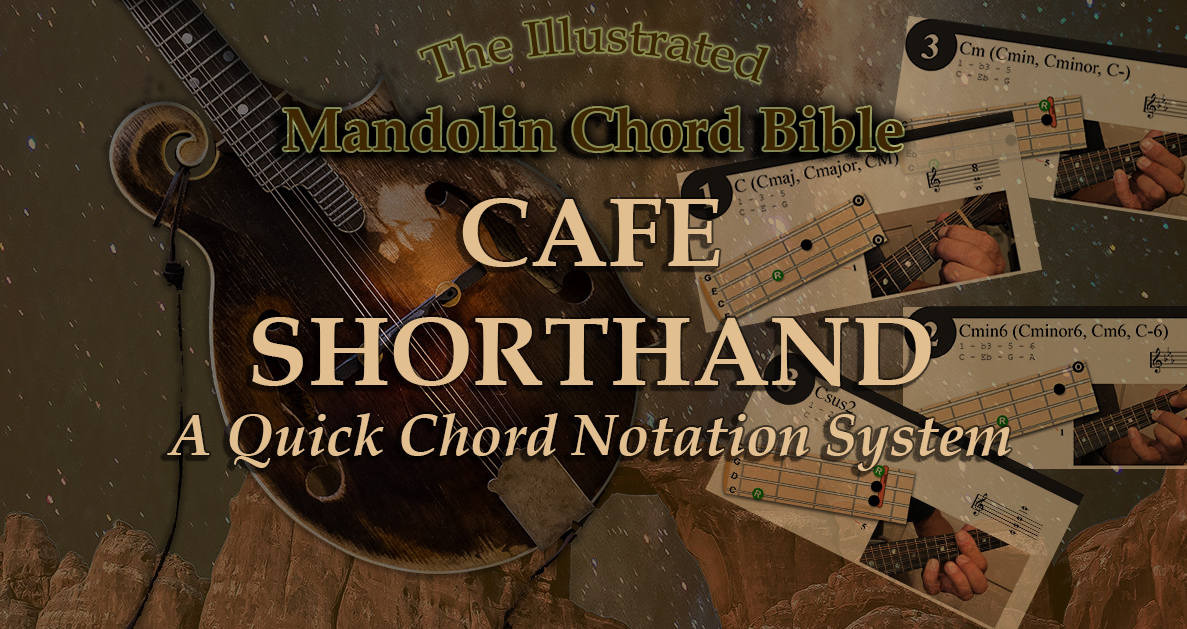 A dark collage of images including Bill Monroe's mandolin, text says cafe shorthand