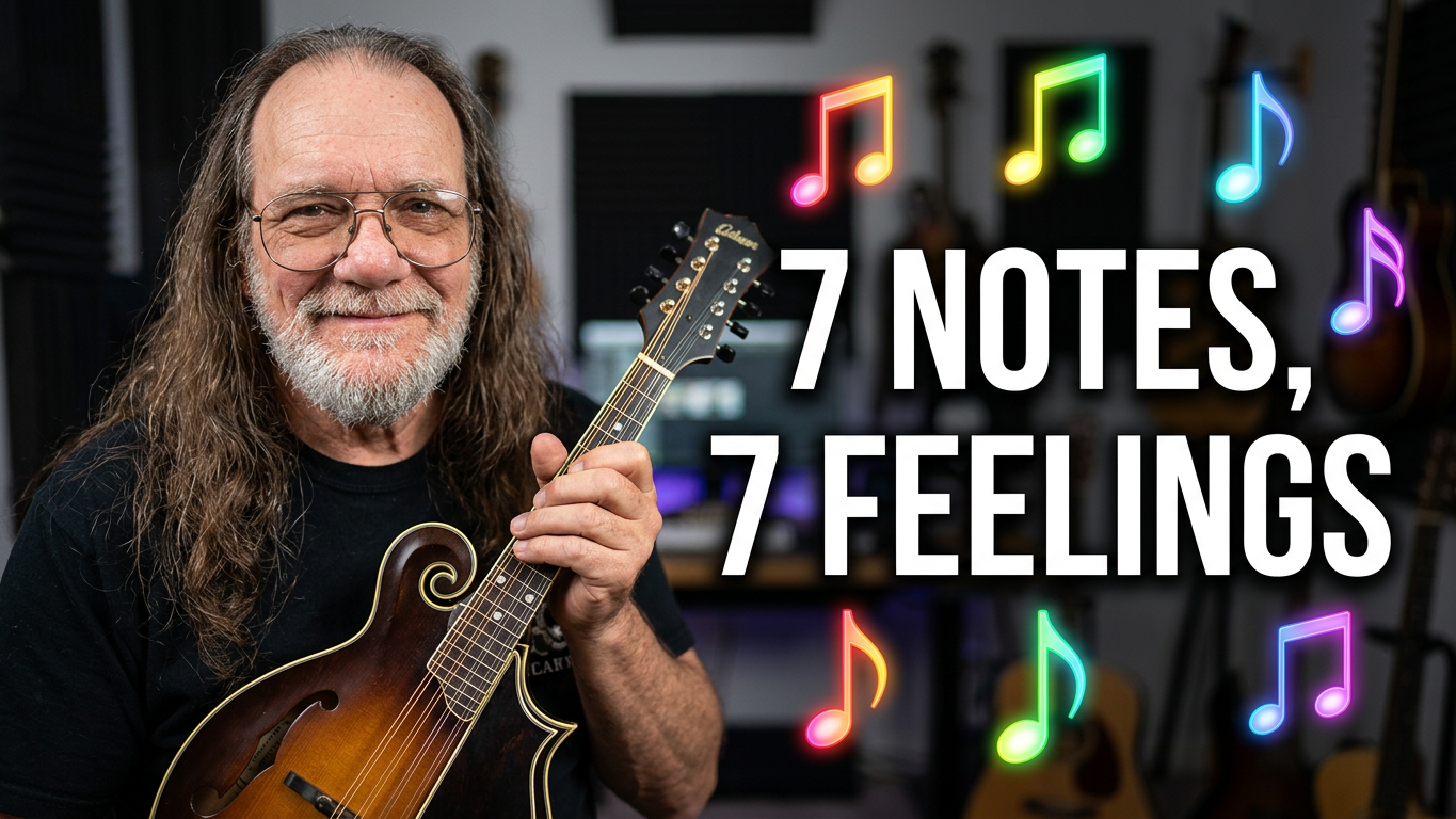 Image of my likeness with a mandolin and placing attention on the emotional character of the 7 notes