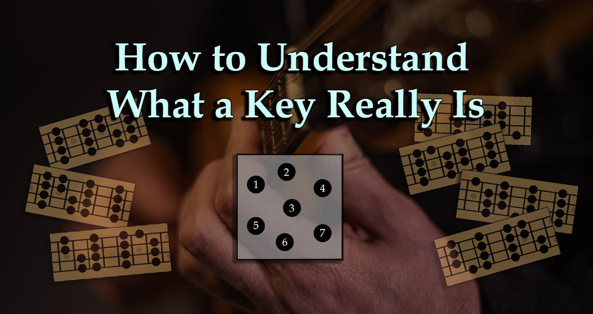 Dark background collage of scale patterns and hands on a mandolin with text "How to Understand What a Key Really Is