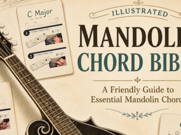 Introduction to the Illustrated Mandolin Chord Bible Parchment style, pastel background, mandolin neck, floating chord charts, illustrated mandolin chord bible title