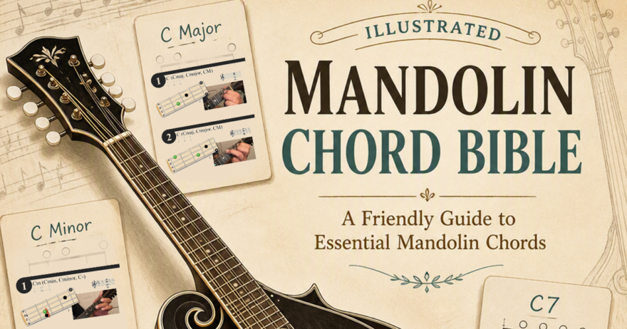 Parchment style, pastel background, mandolin neck, floating chord charts, illustrated mandolin chord bible title